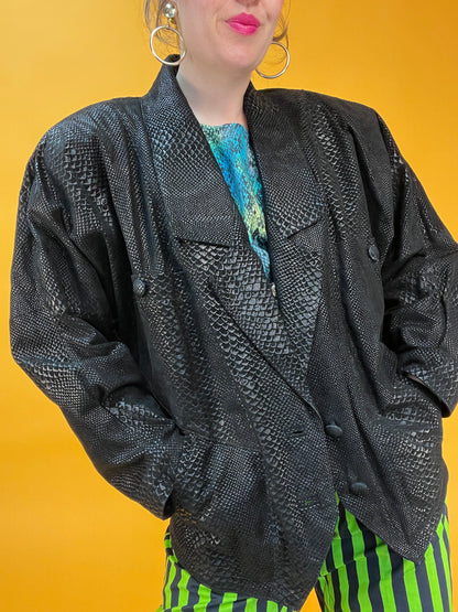 80s Lederjacke mit wetlookmäßig schimmerndem Schlangenhaut Aufdruck