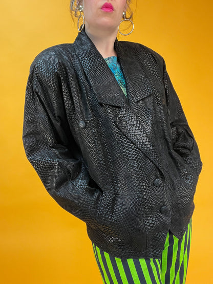 80s Lederjacke mit wetlookmäßig schimmerndem Schlangenhaut Aufdruck