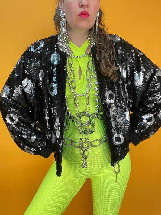 Statement 80s Pailletten-Blousonjacke mit riesiger Schlange im Rücken