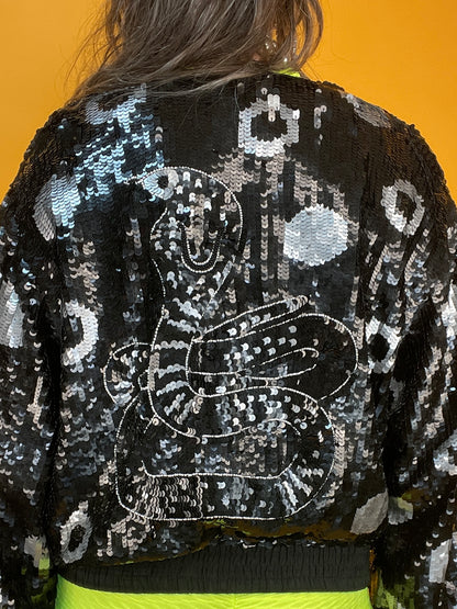 Statement 80s Pailletten-Blousonjacke mit riesiger Schlange im Rücken