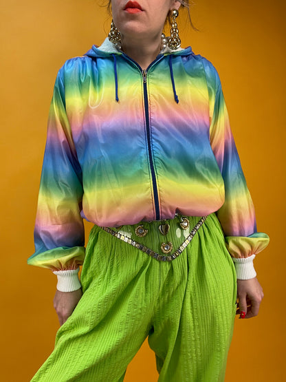 80s Banger: dünne Regenbogen-Regenjacke mit Kapuze