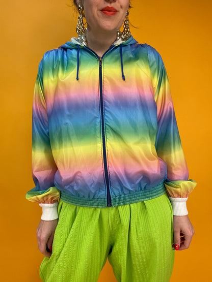 80s Banger: dünne Regenbogen-Regenjacke mit Kapuze