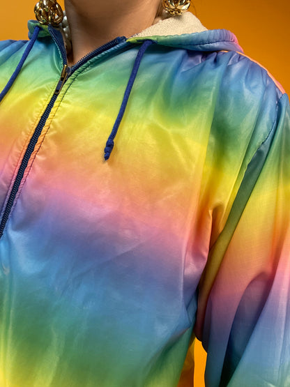 80s Banger: dünne Regenbogen-Regenjacke mit Kapuze