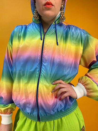 80s Banger: dünne Regenbogen-Regenjacke mit Kapuze