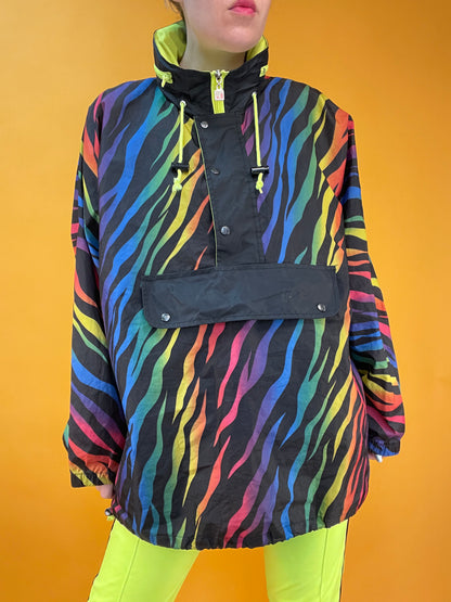 80s/90s Regenbogen-Windbreaker mit integrierter Taschenfunktion