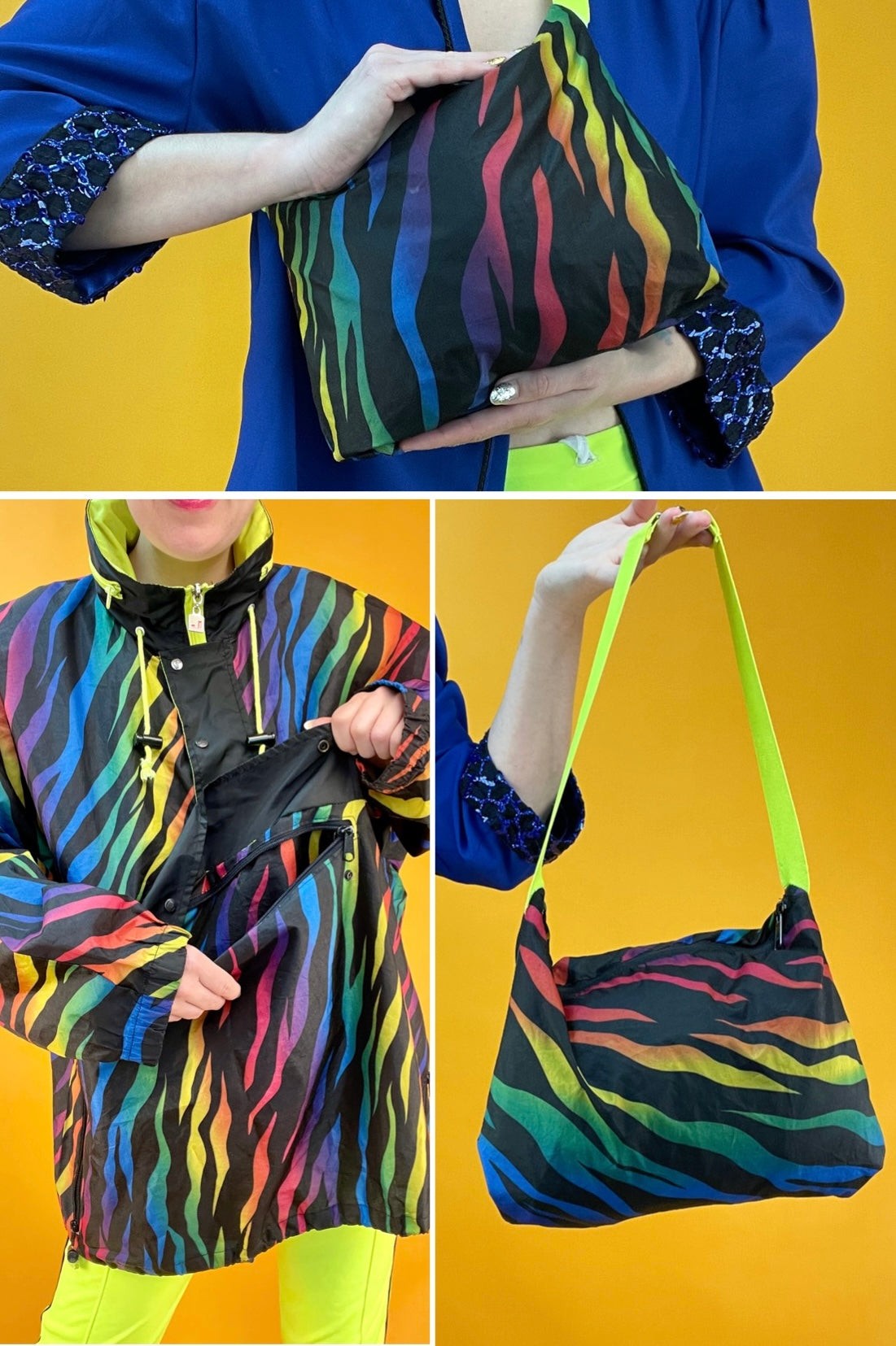 80s/90s Regenbogen-Windbreaker mit integrierter Taschenfunktion