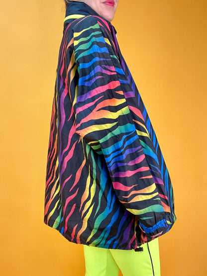 80s/90s Regenbogen-Windbreaker mit integrierter Taschenfunktion