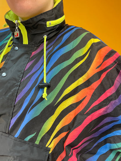 80s/90s Regenbogen-Windbreaker mit integrierter Taschenfunktion