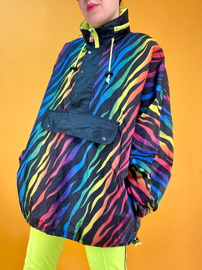 80s/90s Regenbogen-Windbreaker mit integrierter Taschenfunktion