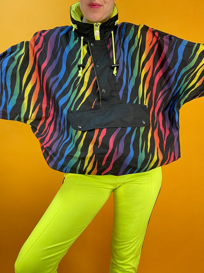 80s/90s Regenbogen-Windbreaker mit integrierter Taschenfunktion