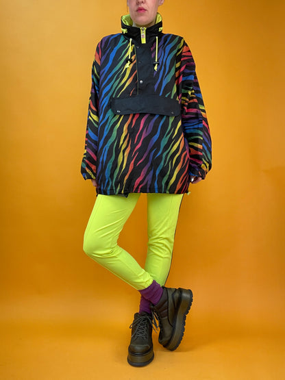 80s/90s Regenbogen-Windbreaker mit integrierter Taschenfunktion