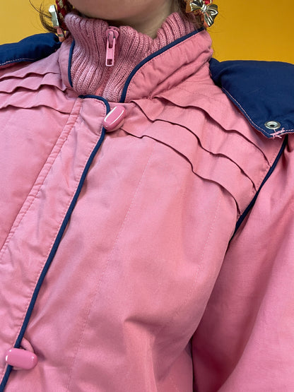 Wattierte rosa 70s/80s Anorakjacke mit gemütlichen Strickdetails