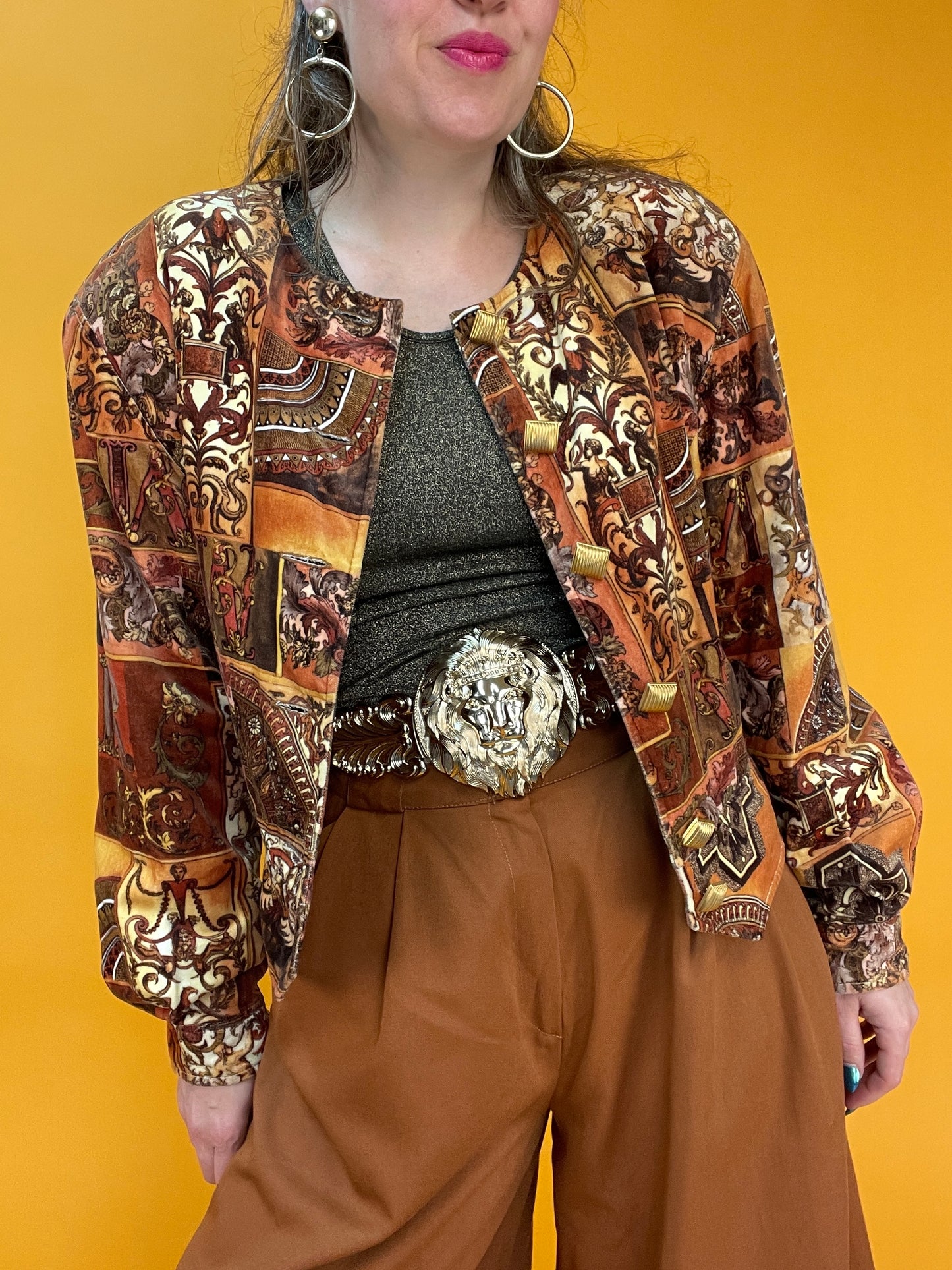 80s/90s Cropped Samtjacke mit Mixed Pattern Print