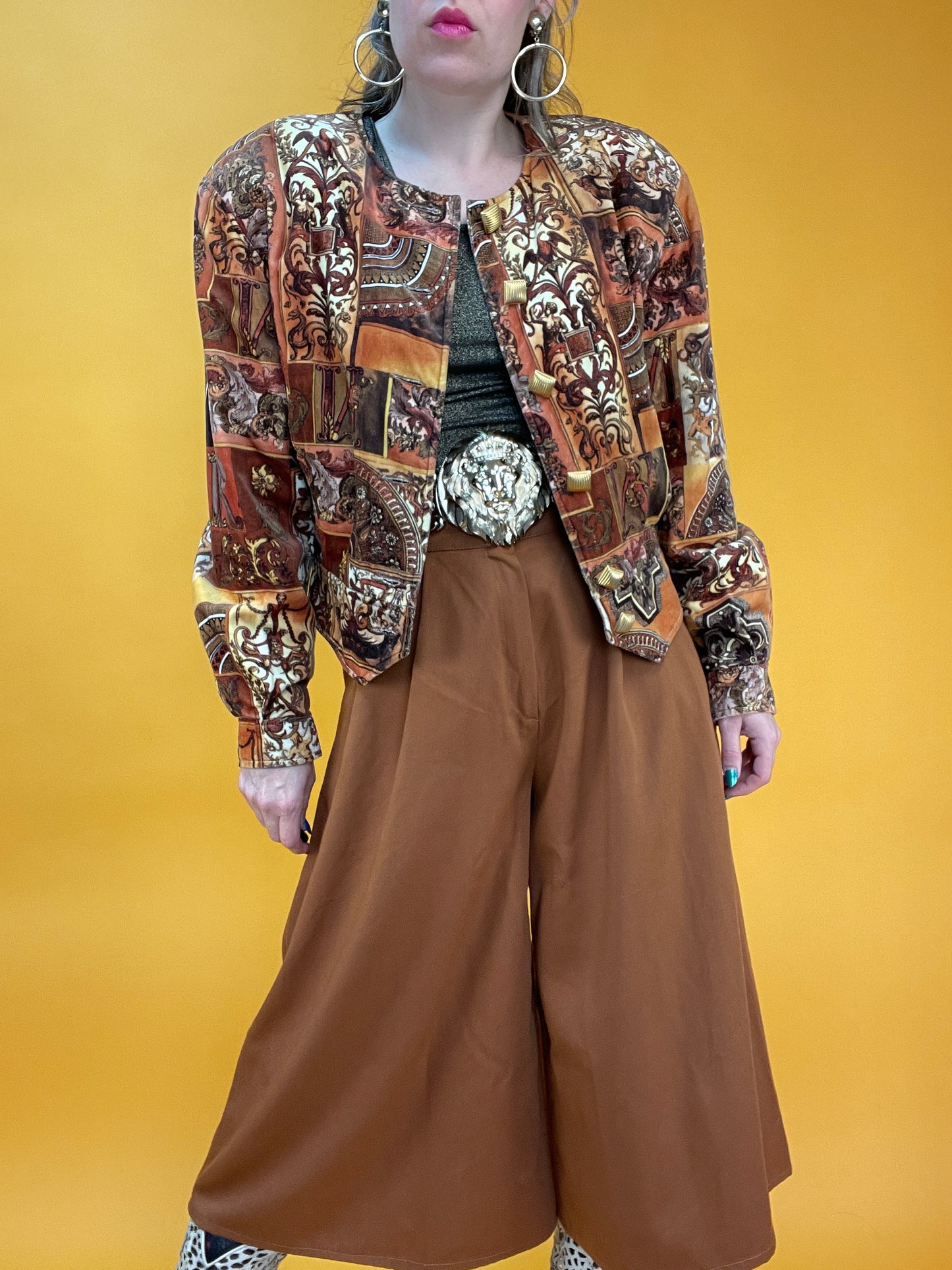 80s/90s Cropped Samtjacke mit Mixed Pattern Print