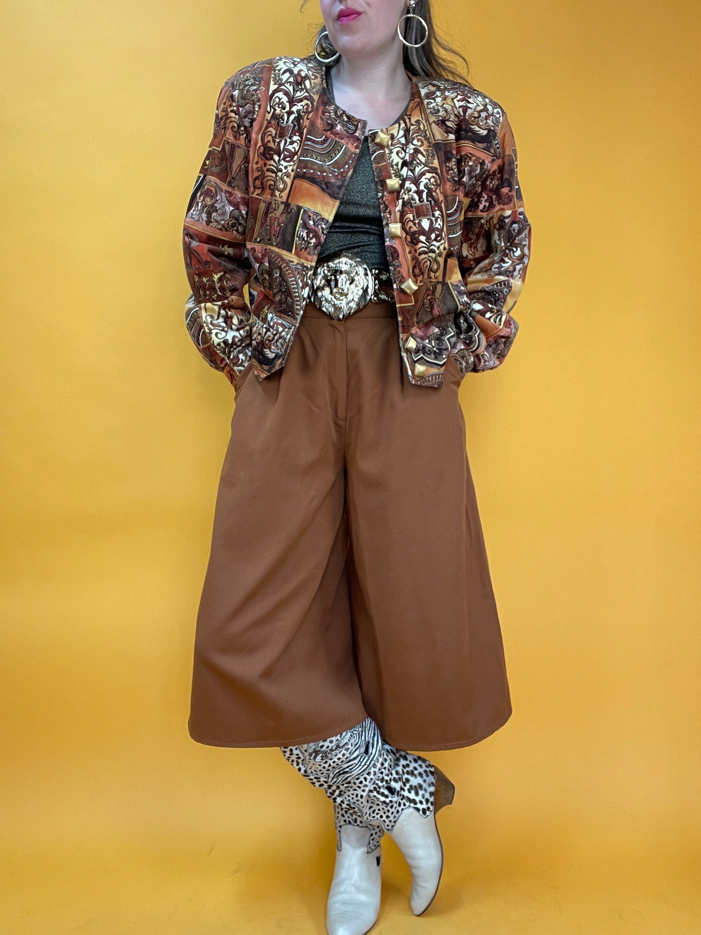 80s/90s Cropped Samtjacke mit Mixed Pattern Print