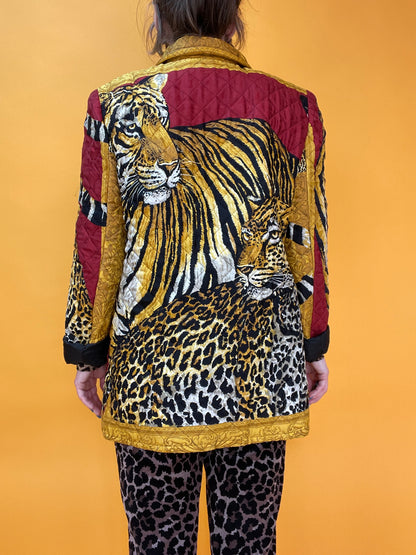 Ultrageile 80s Seiden-Steppjacke mit XXL Wildkatzenprint