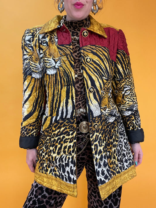 Ultrageile 80s Seiden-Steppjacke mit XXL Wildkatzenprint