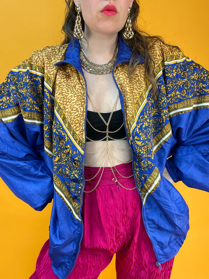 Königsblaue 80s Trainingsjacke mit Leoparden-Barockprint
