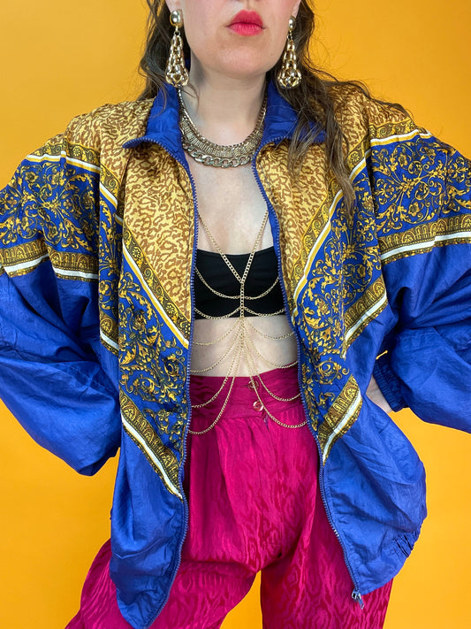 Königsblaue 80s Trainingsjacke mit Leoparden-Barockprint
