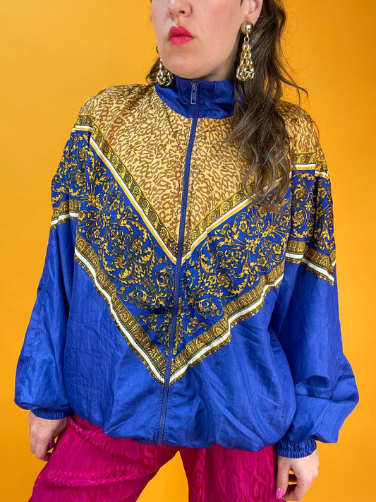 Königsblaue 80s Trainingsjacke mit Leoparden-Barockprint
