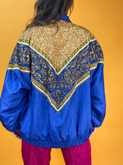 Königsblaue 80s Trainingsjacke mit Leoparden-Barockprint