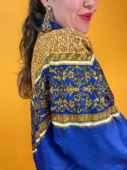 Königsblaue 80s Trainingsjacke mit Leoparden-Barockprint