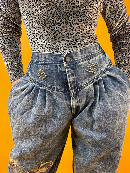 80s Acid washed Ballonjeans mit Applikationen und Nieten