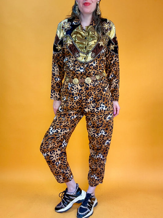 80s Leo-Jumpsuit mit Schulterdekor aus Samt, Lamé und Applikationen