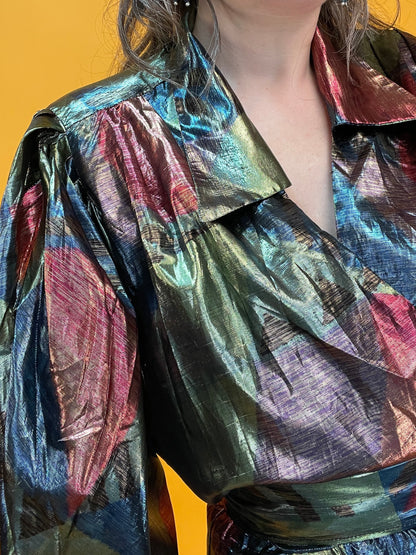 Glänzender Showstopper 80s Metallic-Jumpsuit aus gemustertem Lamé