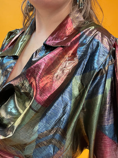 Glänzender Showstopper 80s Metallic-Jumpsuit aus gemustertem Lamé