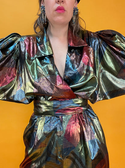 Glänzender Showstopper 80s Metallic-Jumpsuit aus gemustertem Lamé