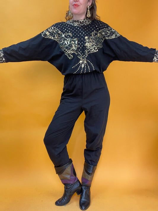 Lässiger Jumpsuit aus Jersey mit Leoparden-Golddruck