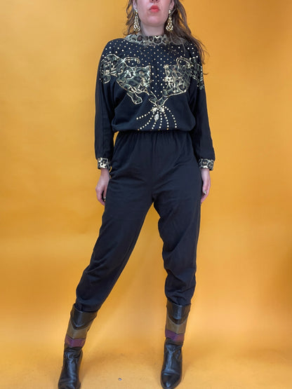 Lässiger Jumpsuit aus Jersey mit Leoparden-Golddruck