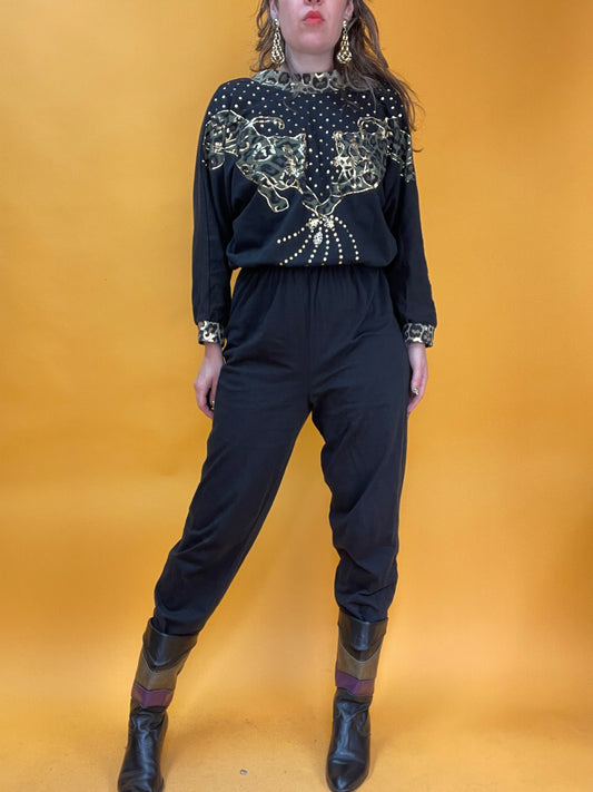 Lässiger Jumpsuit aus Jersey mit Leoparden-Golddruck