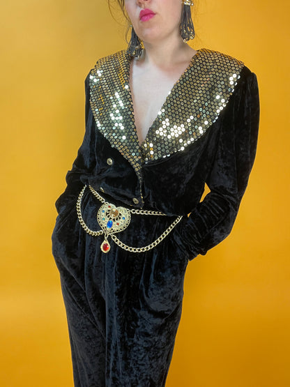 80s Samtjumpsuit mit goldenem Paillettenkragen