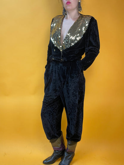 80s Samtjumpsuit mit goldenem Paillettenkragen