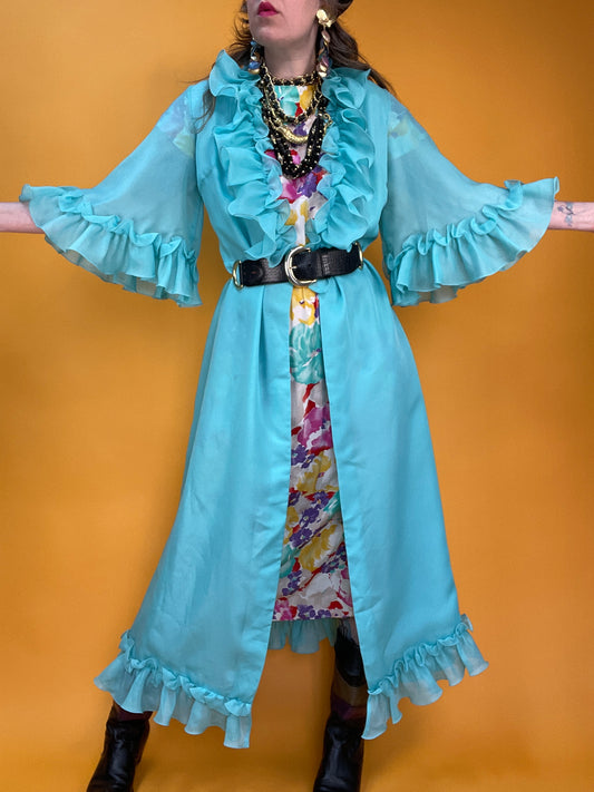 70s Nightgown mit Trompetenärmeln und Rüschenbesatz