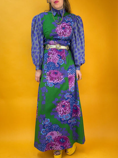 70s Maxikleid mit XXL Chrysanthemen-Print