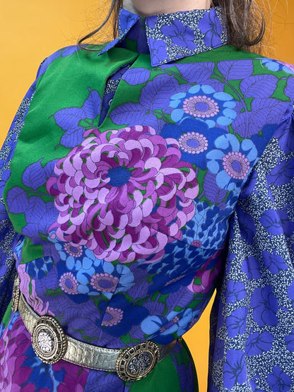 70s Maxikleid mit XXL Chrysanthemen-Print