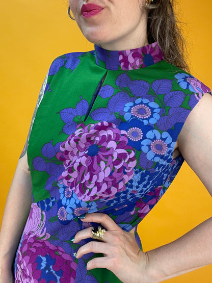 70s Maxikleid mit XXL Chrysanthemen-Print