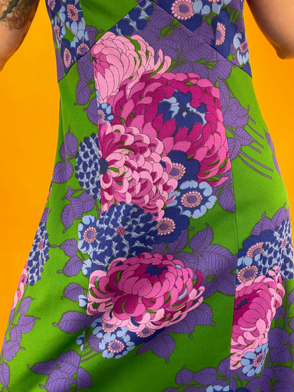 70s Maxikleid mit XXL Chrysanthemen-Print