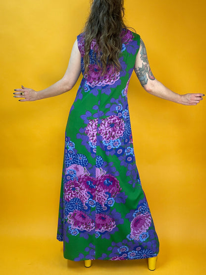 70s Maxikleid mit XXL Chrysanthemen-Print