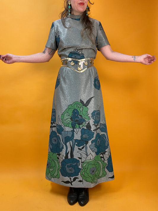 70s Maxikleid mit XXL Blumenmuster in Jugendstil Design