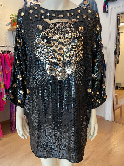 True Vintage Paillettenkleid aus Seide mit XXL Leopardenkopf