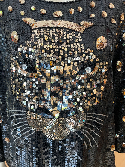 True Vintage Paillettenkleid aus Seide mit XXL Leopardenkopf