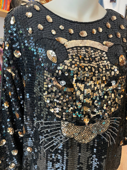 True Vintage Paillettenkleid aus Seide mit XXL Leopardenkopf