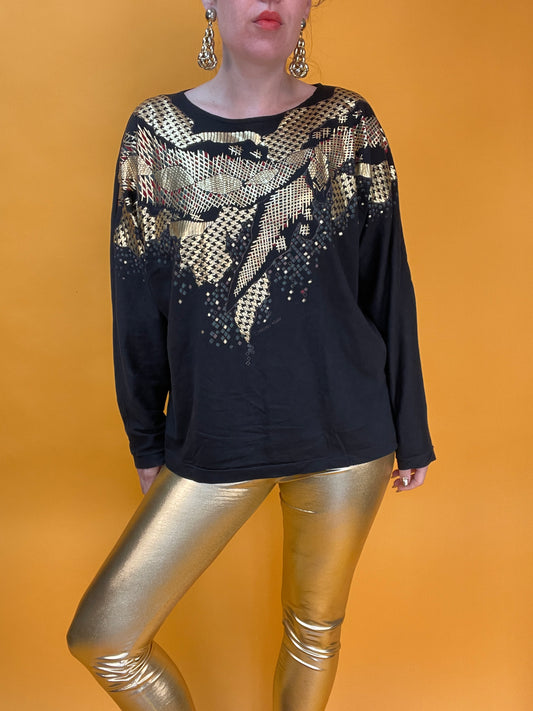 Glamouröses Longsleeve mit goldener Schlange in Hahnentrittprint