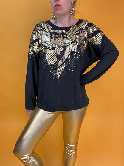 Glamouröses Longsleeve mit goldener Schlange in Hahnentrittprint