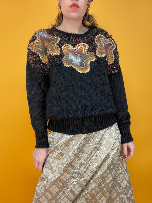 80s/90s Pulli mit metallic Blumen-Applikationen