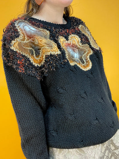 80s/90s Pulli mit metallic Blumen-Applikationen